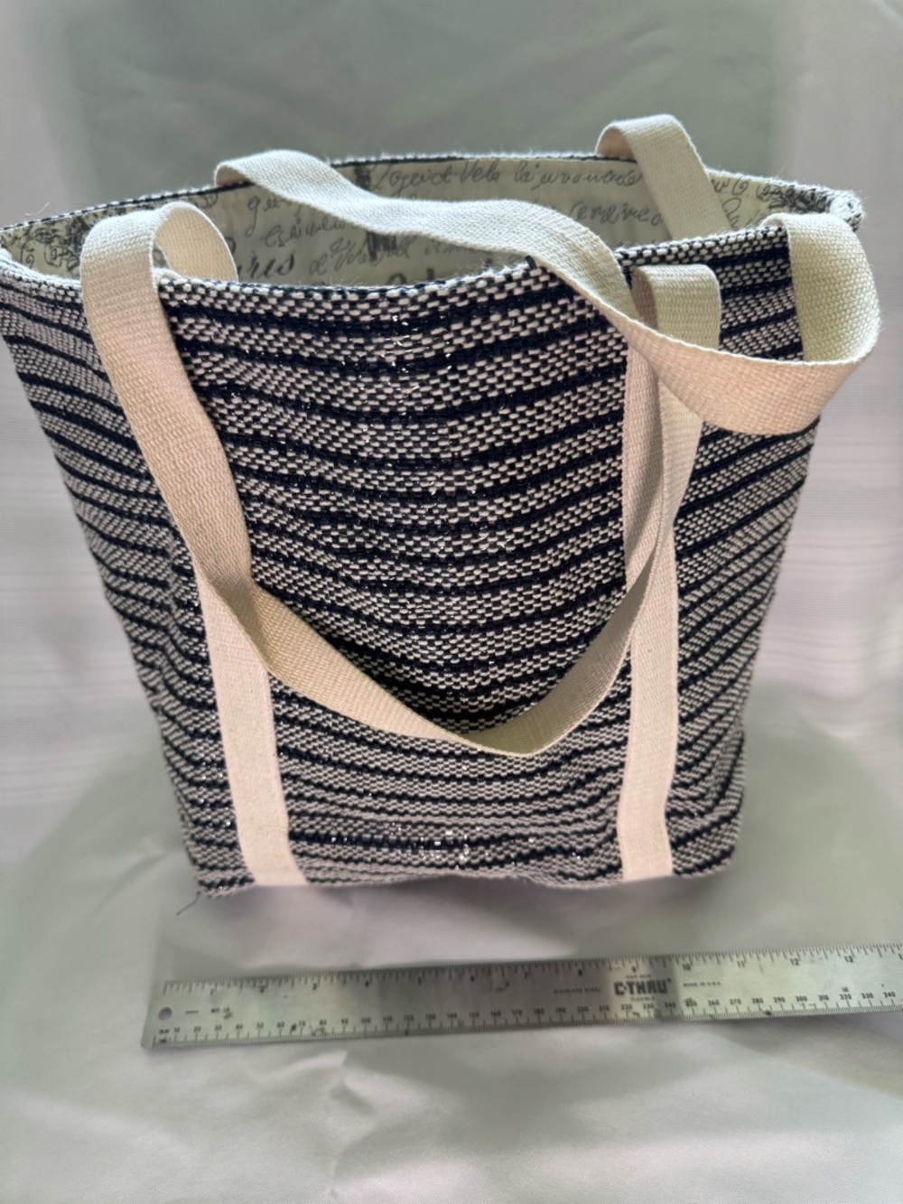 Striped Black & Cream Canvas Tote with Cream Shoulder Straps
